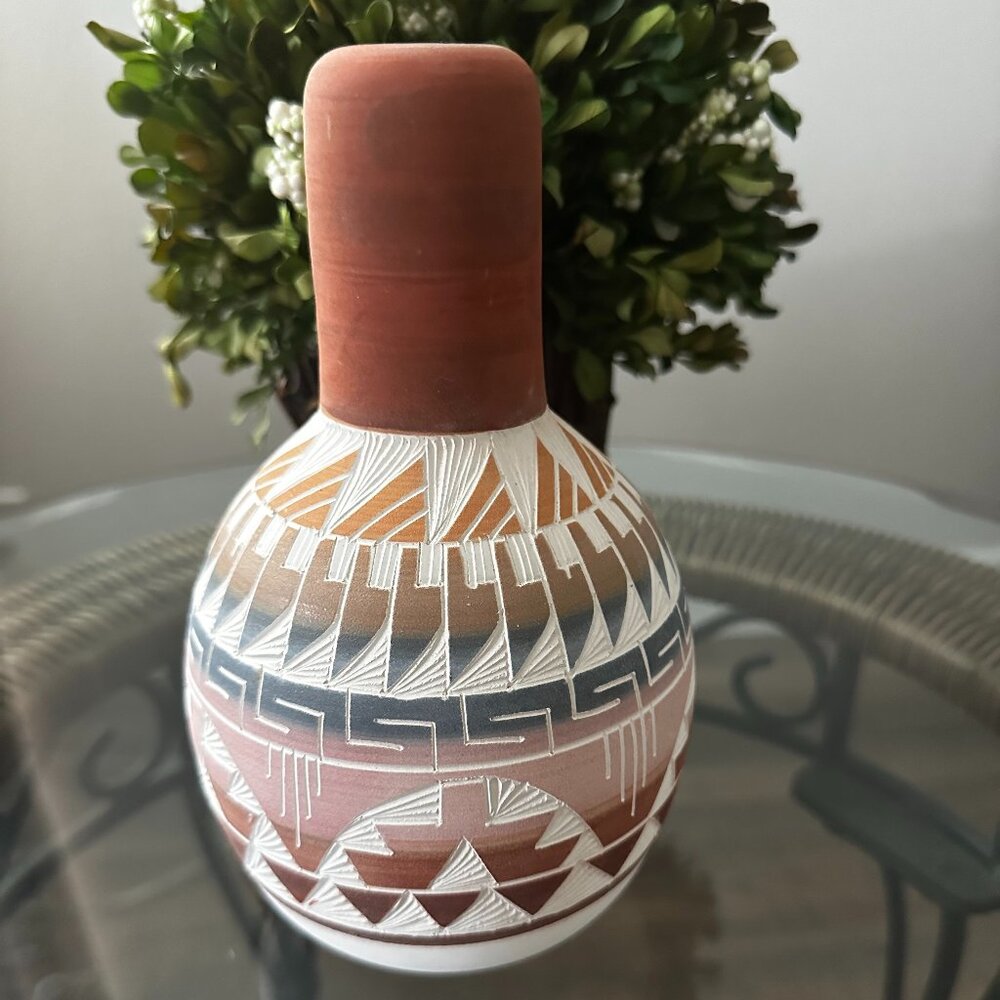 Hand Made Carved inlay Azetc Motif 8" Decorative Pottery Vase "Hecho en Mexico"